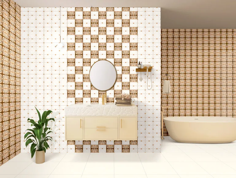 Luxurious master bathroom design with brown and cream cushion tiles